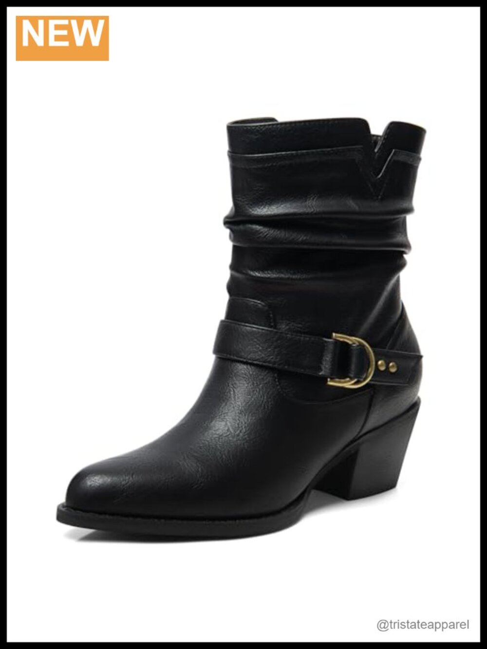 Women's Mid Calf Cowboy Boots Pointed Toe Low Chunky Heel Buckle Style Combat